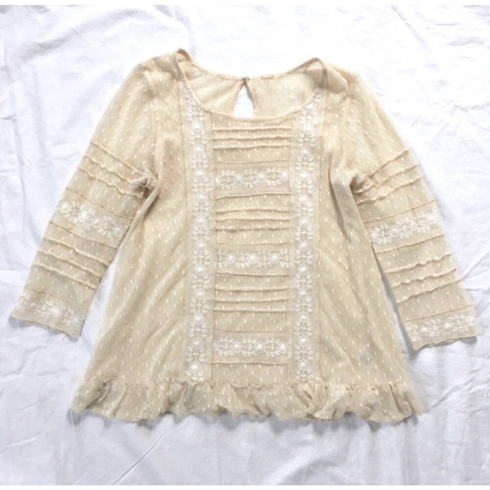Free People Lace Women's Blouse Ruffle Trim Stripe Delicate Mesh 3/4 Sleeve